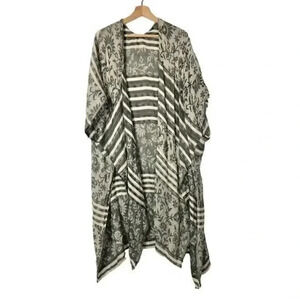 Lucky Brand Gray & Cream Floral Stripe Lightweight Kimono Duster OS
